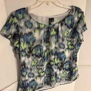 Relativity Blue, Lime & Black Abstract Print Scoop Neck Blouse